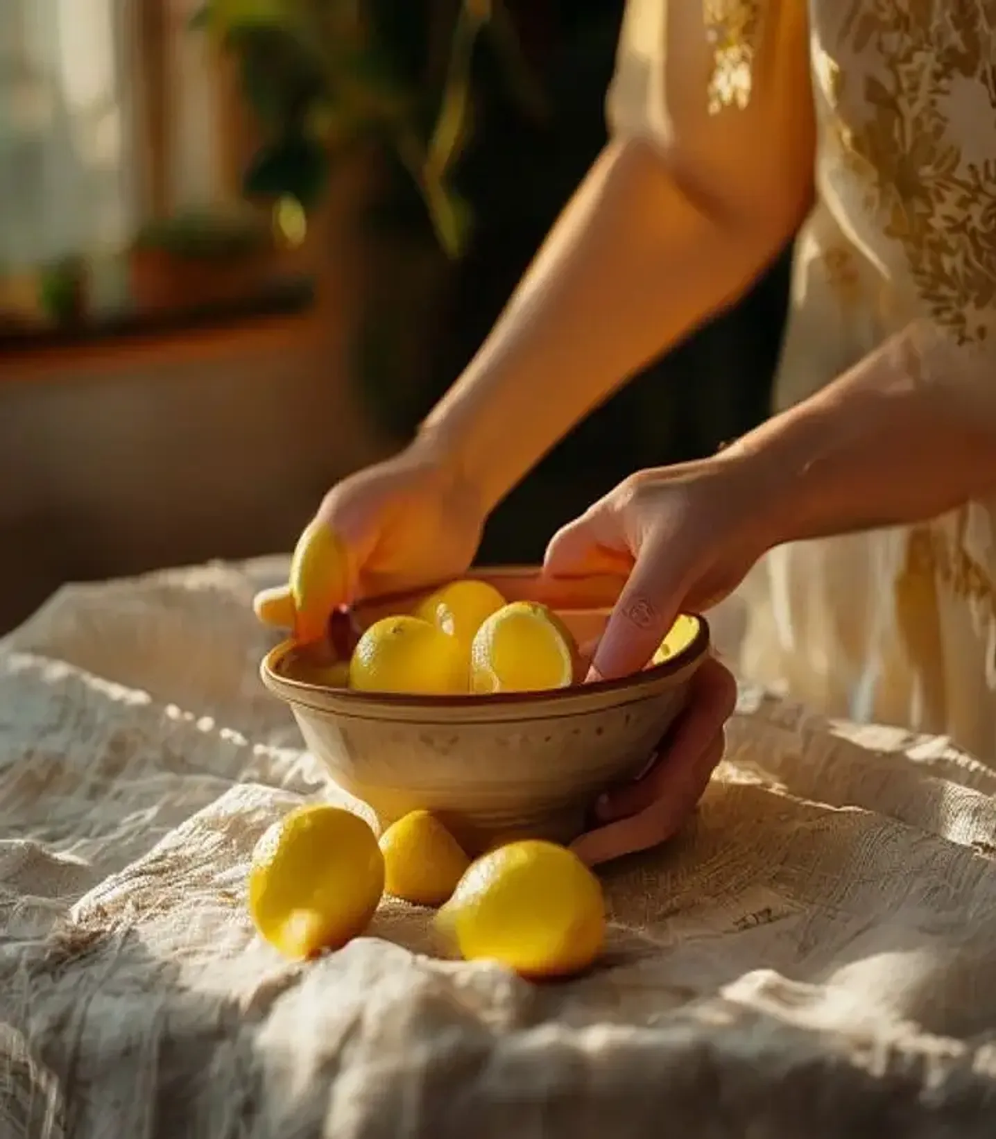 Hands arranging a bowl of lemons on a linen tablecloth